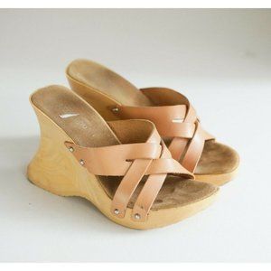 Vintage Y2K Le Chateau Nude Leather Strappy  High Heel  Wedge Sandals SZ8
